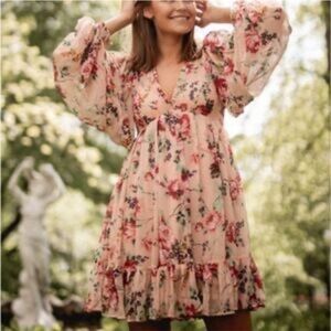 New! By TiMo Floral v-neck puff sleeve mini Dress pink nwot 33459